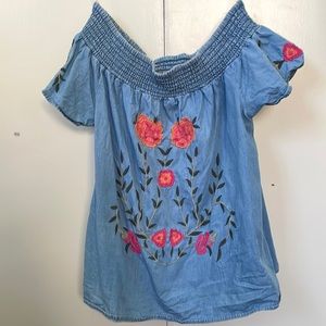 Francescas Floral Chambray Off the Shoulder Top
